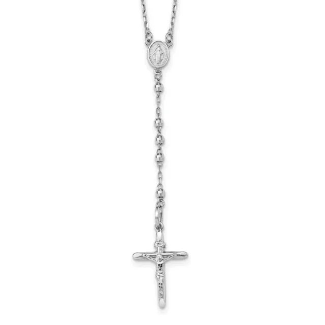 14k White Gold 3mm Diamond-Cut Prayer Beads Rosary 24 Inch Necklace mm