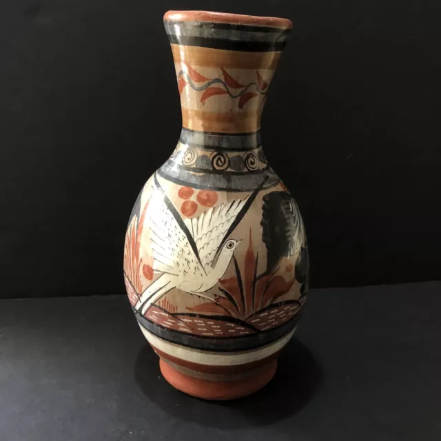 Tonala Mexican Pottery Bird And Floral Decorative Vase with Bird 9.5 Inch Tall