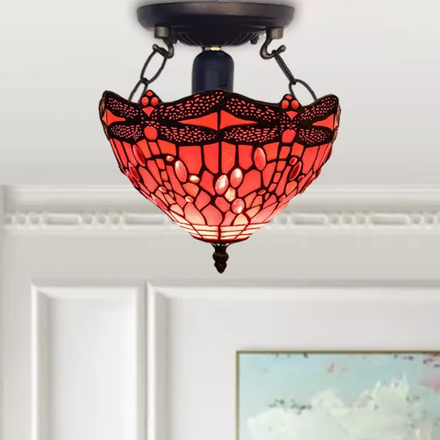 Dragonfly Style 10 inch Tiffany Style Red Ceiling Lamp Stained Glass Shade UK