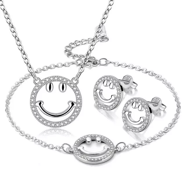 Damen Schmuckset Silber Halskette + Ohrringe + Armband Smiley Frauen Halskette