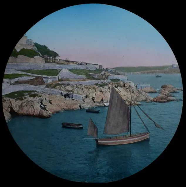 HAND PAINTED Magic Lantern Slide PLYMOUTH HOE FROM THE PIER C1889 OLD PHOTO