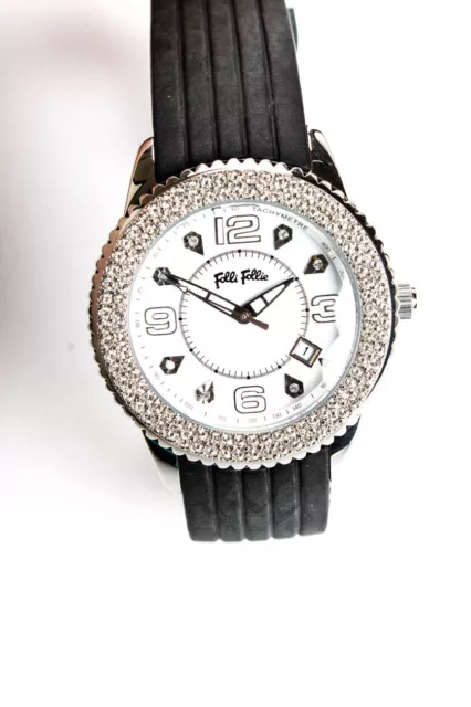 Folli Follie Women's Black Band Silver Tone Crystal Trim 40mm Round Face Watch