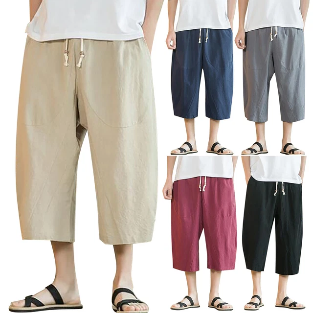 Trunk Surf Men Cotton Linen Capri Pants Baggy Harem Pants Drawstring Yoga Beach
