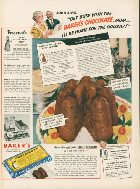 1941 Baker's Chocolate Recipe Holiday Chocolate Fruit Pudding Famous Print Ad L5