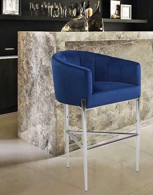Iconic Home Cyrene Bar Stool Chair Velvet Shelter Arm Shell 3-Leg Navy