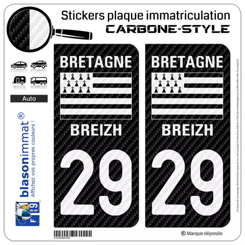 2 Stickers autocollants plaque d'immatriculation 29 Bretagne - LT Carbone-Style