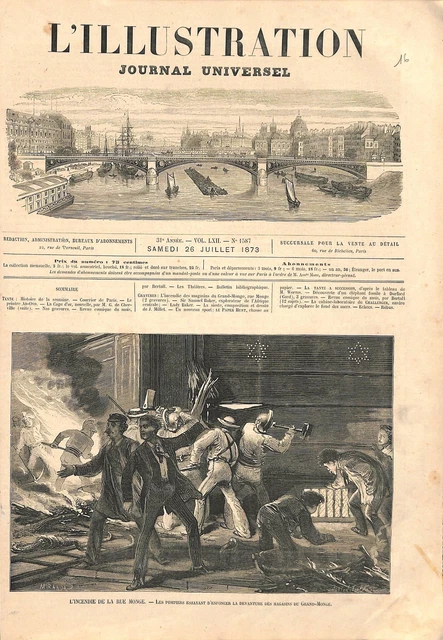 Pompiers Incendie Magasins de la rue Monge à Paris GRAVURE ANTIQUE PRINT 1873