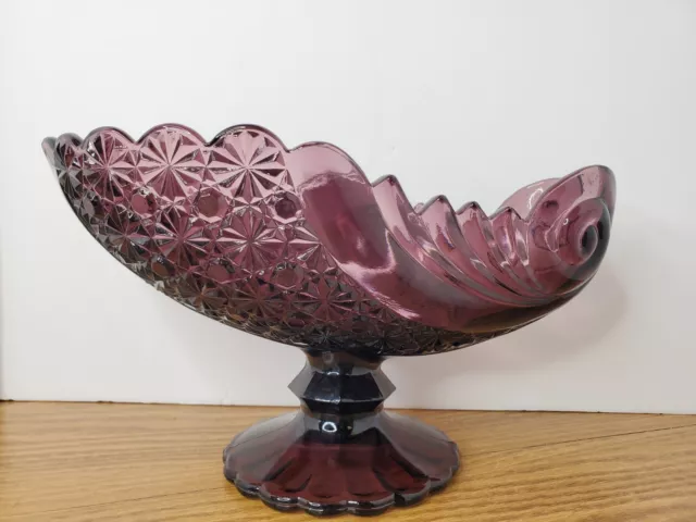 LG Wright Large Purple Amethyst Glass Daisy and Button Pedestal Compote Vintage