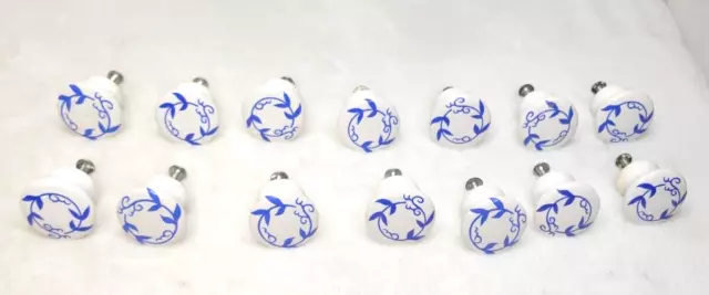 Vintage - Set of 14 White/Blue Floral Porcelain Door Drawer Knobs/Pulls, Round