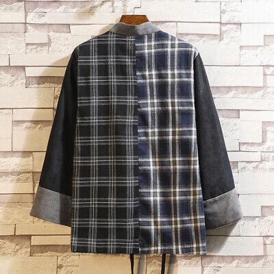 Uomo Rétro Kimono Cappotto Top Patchwork Giacca Plaid Tasca Casual Giapponese