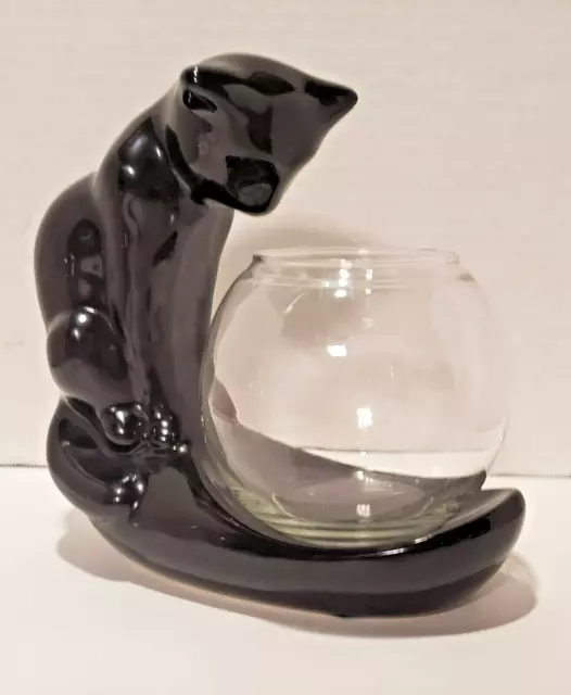 Vintage Haeger Black Ceramic Cat With Glass Fish Bowl 1996