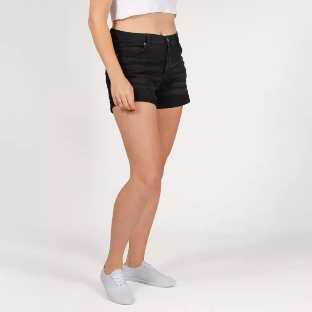 H&M Black Wash Stretch Denim Shorts High Waisted 5 Pockets Turn up Hem