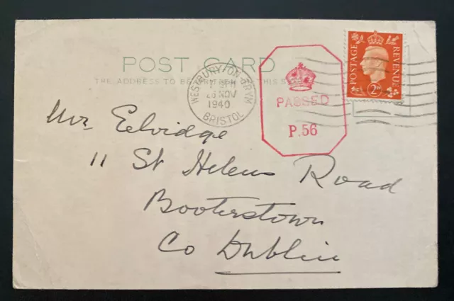 1940 Bristol England Censored postcard Cover To Dublin Ireland