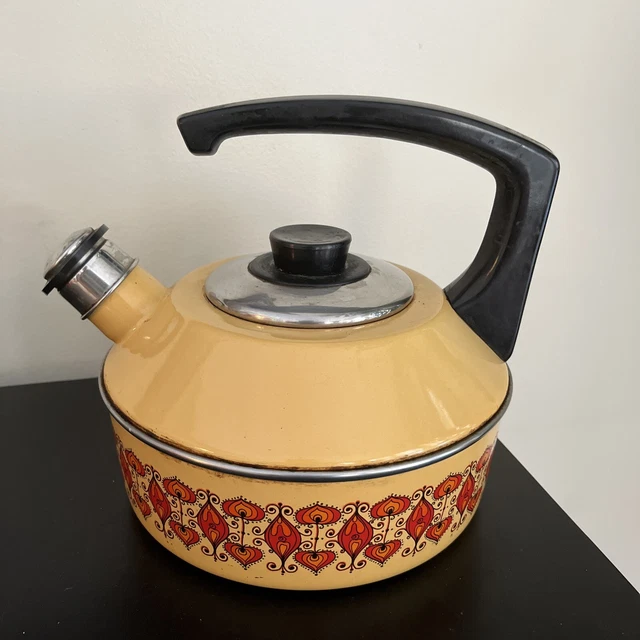 VINTAGE ENAMEL TEA Kettle Steel Whistling Teapot Astria Retro Mod 32.