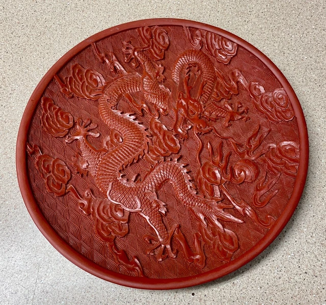 Antique Vintage Chinese Red Dragon Carved Cinnabar Plate Asian Art Lacquer