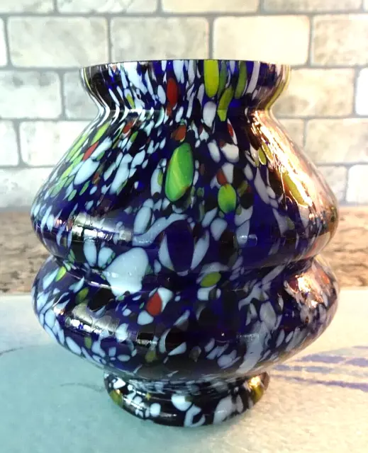 Antique Kralik Glass Czechoslovakia Bohemian Spatter Blue Cased Vase