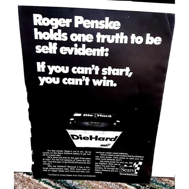 VINTAGE 1972 SEARS Car Battery Roger Penske Ad Original 5.99 PicClick