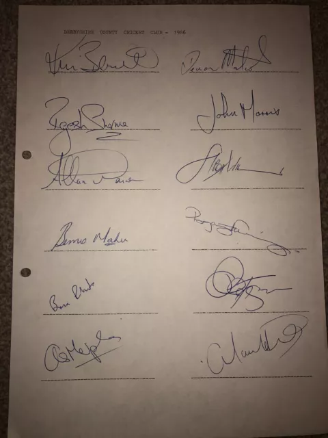 Original autographs of Derbyshire County cricket club 1986