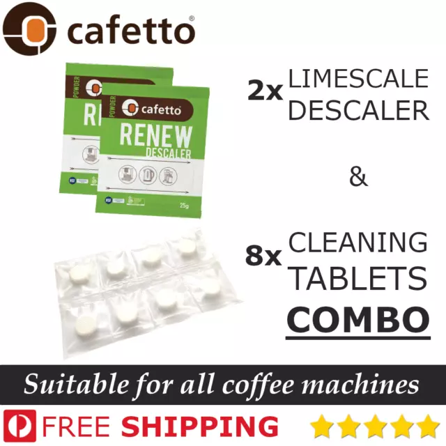 2x DESCALER & 8x CLEANING TABLETS espresso machine clean cycle limescale descale