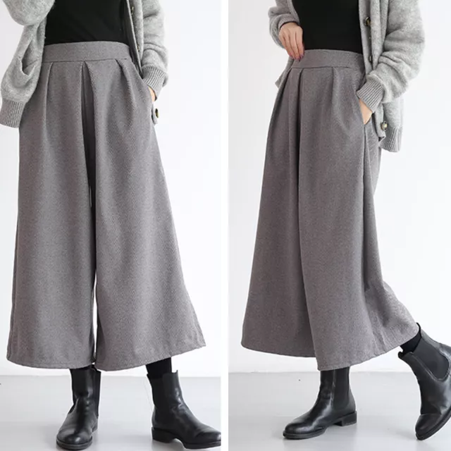 Women Faux Wool Blend Loose Wide Leg Skirt Pants Elastic Waist Cropped Trousers