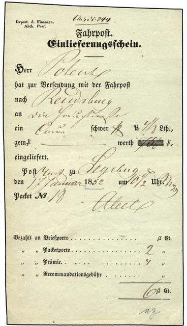 SCHLESWIG-HOLSTEIN SEGEBERG, handschriftlich auf Fahrpost-Einlieferungsschein (1