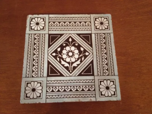Antique Mintons China Works Stoke on Trent Tile Flower Leaf & Greek Key Dec.