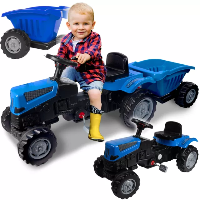 MalPlay Großer Pedal Bagger Traktor XXL Blau Kinderbagger bis 35 kg mit Anhänger