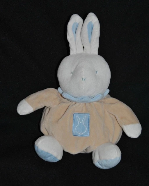 Peluche Doudou Lapin Beige Col Bleu KLORANE Boule + Oreilles Blanc  25 Cm TTBE