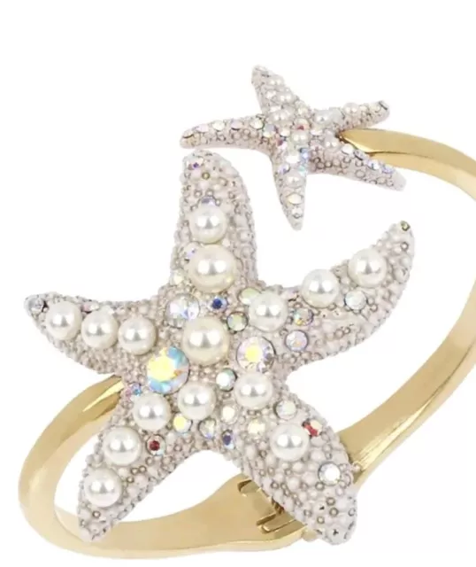 New Betsey Johnson Gold Starfish Faux Pearl Crystal Hinge Bangle Bracelet $58