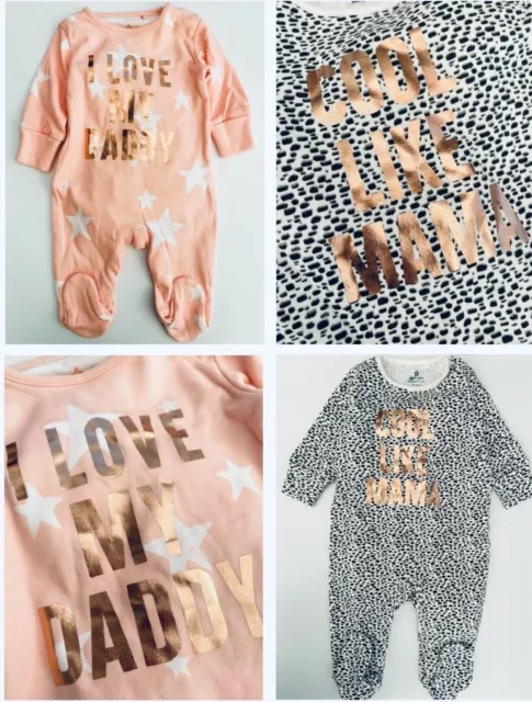 Baby Girls Ex NXT Sleepsuit Mummy Daddy Leopard Gold Fathers Day 100% Cotton NEW