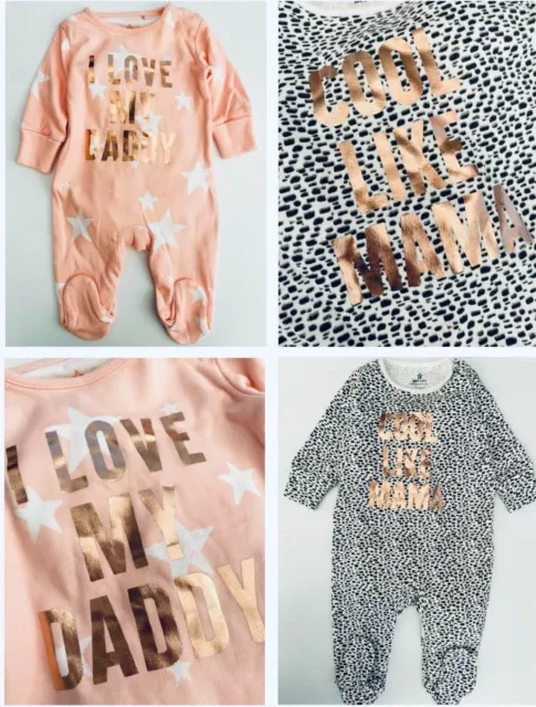 Baby Girls Next Sleepsuit Mummy Daddy Pink Leopard Gold Babygrow 100% Cotton
