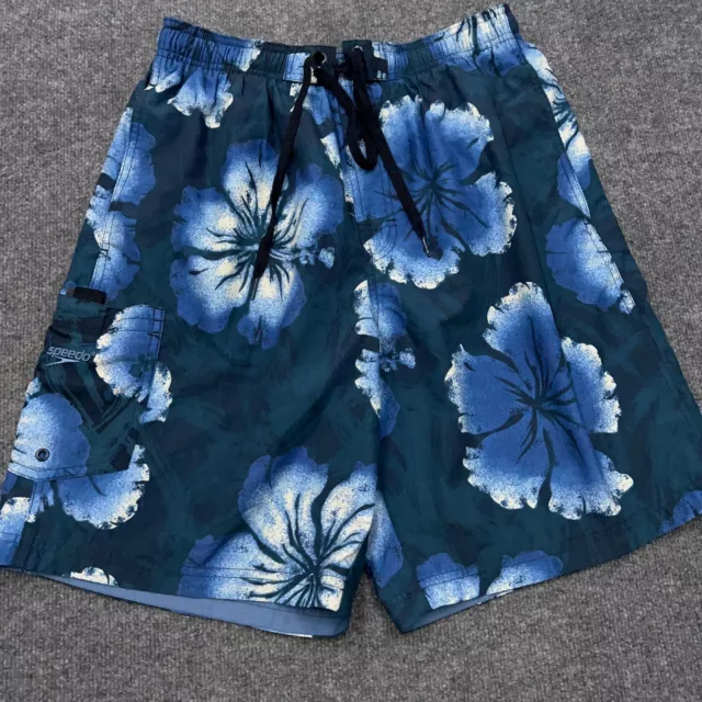 SPEEDO Swim Trunks Board Shorts Blue Floral Mesh Lined Cargo Pocket Men's L