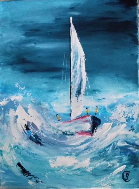 W605 Tableau moderne peinture bateau de mer sur toile cadre 30 × 30cm
