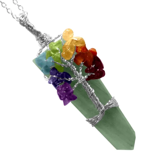 Jade Stone Crystal Tree Of Life Chakra Pendant Silver Wire Wrap Gemstone Necklac