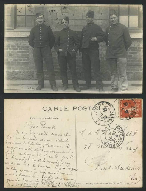 4 Soldaten Militäruniform mit Nr. 74 - 1910 altes echtes Foto Postkarte Schnurrbart