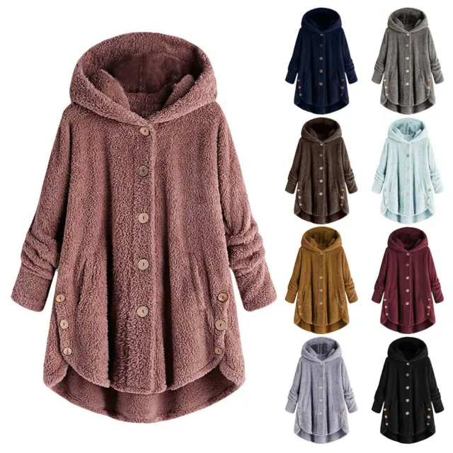 Womens Teddy Bear Coat Cardigan Ladies Fleece Fur Hooded Fluffy Jacket Top S-5XL