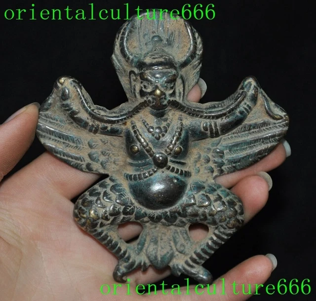 4"Tibet Buddhism temple bronze Redpoll Winged Garuda Bird Eagle Buddha Statue