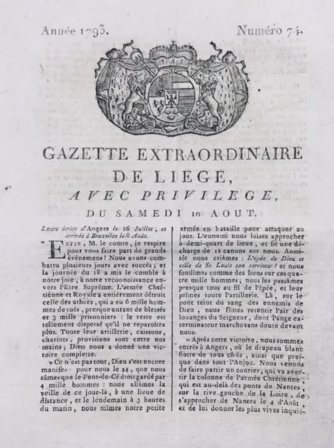Angers en 1793 Chouans Armée Chrétienne Quiberon Pont de Cé Liège Presse Belge