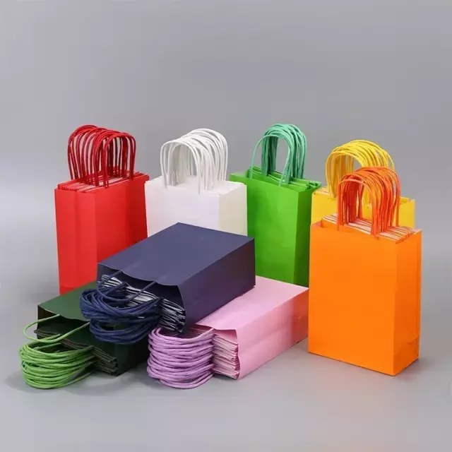 10pcs Bunt Gift Bag Wiederverwendbar Kraftpapier Einkaufen Verpackung Beutel W/ 2