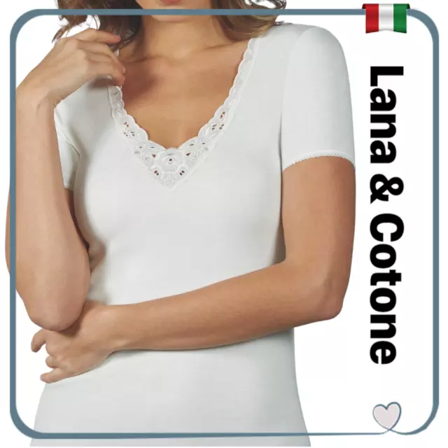 Maglia intima da donna manica corta in lana e cotone pizzo maglietta t-shirt per