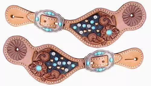 Showman Ladies Leather Spur Straps w/ Floral Tooling & Turquoise Stones