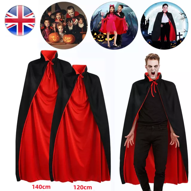 UK Vampire Cape Halloween Dracula Devil Cloak Kids Adult Dress Cosplay Black Red