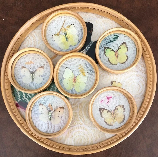 Plateau rond et 6 dessous de verre en bambou avec décor de papillons et