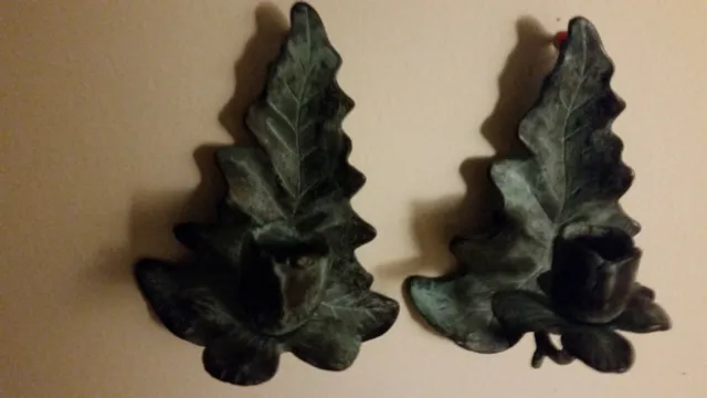 Vintage Wrought Green Iron Oak Leaf Wall Lot of 2 Candle Holder 6"Lx5"W-Creative