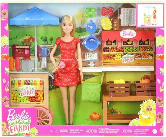 BARBIE SWEET ORCHARD Farm Blue Tractor Trailer Chickens Fruit Dog
