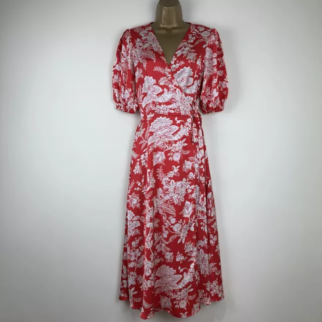 Finery Wrap Midi Dress Red Floral Print Silky Womens New Size 8,10,12 & 18