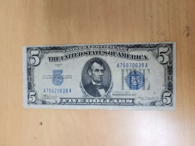 1934 Five DOLLAR SILVER CERTIFICATE $5 Note Bill