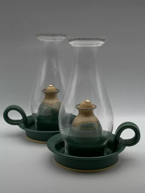 Pair (2) Stegall Signed Studio Art Pottery Hurricane Oil Lamp Green Salt Glaze
