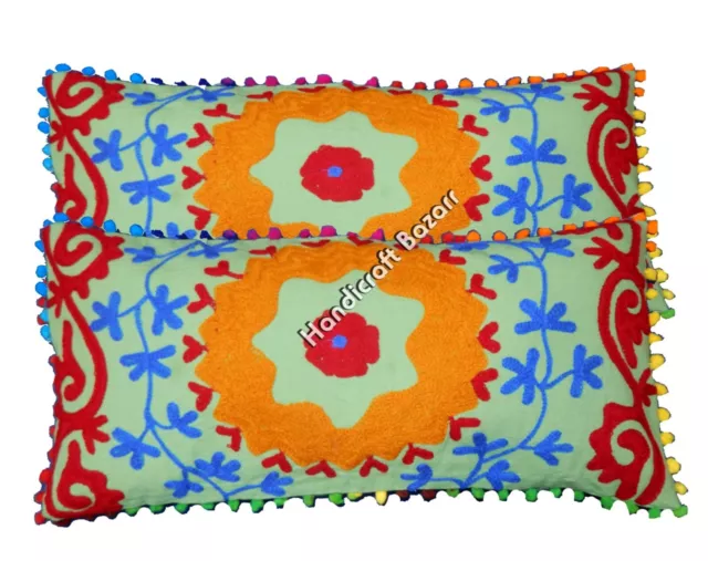 Pillow Case Boho Cushion Cover Set Of 2 Suzani Embroidered Pom Pom Cotton Floral