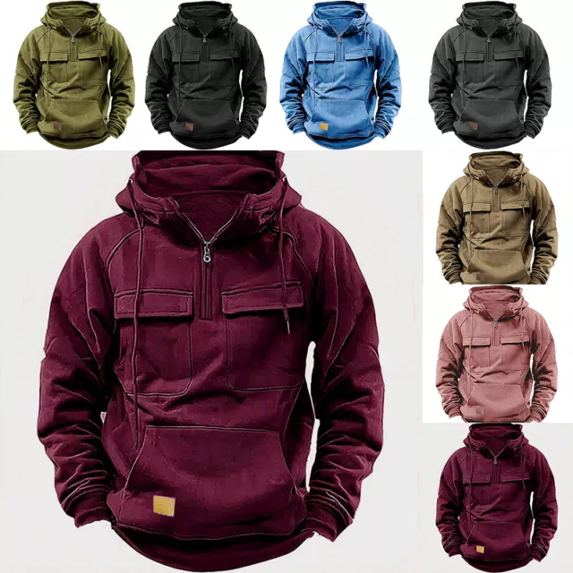 Mens  Hooded Sweatshirt Cargo Hoodies Tops Casual Baggy Combat Outdoor Pocket